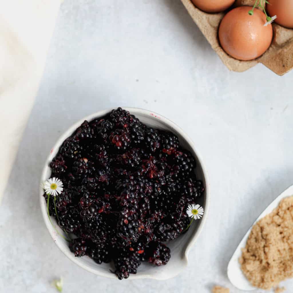 bowl of blackberries, with eggs and sugar at the side