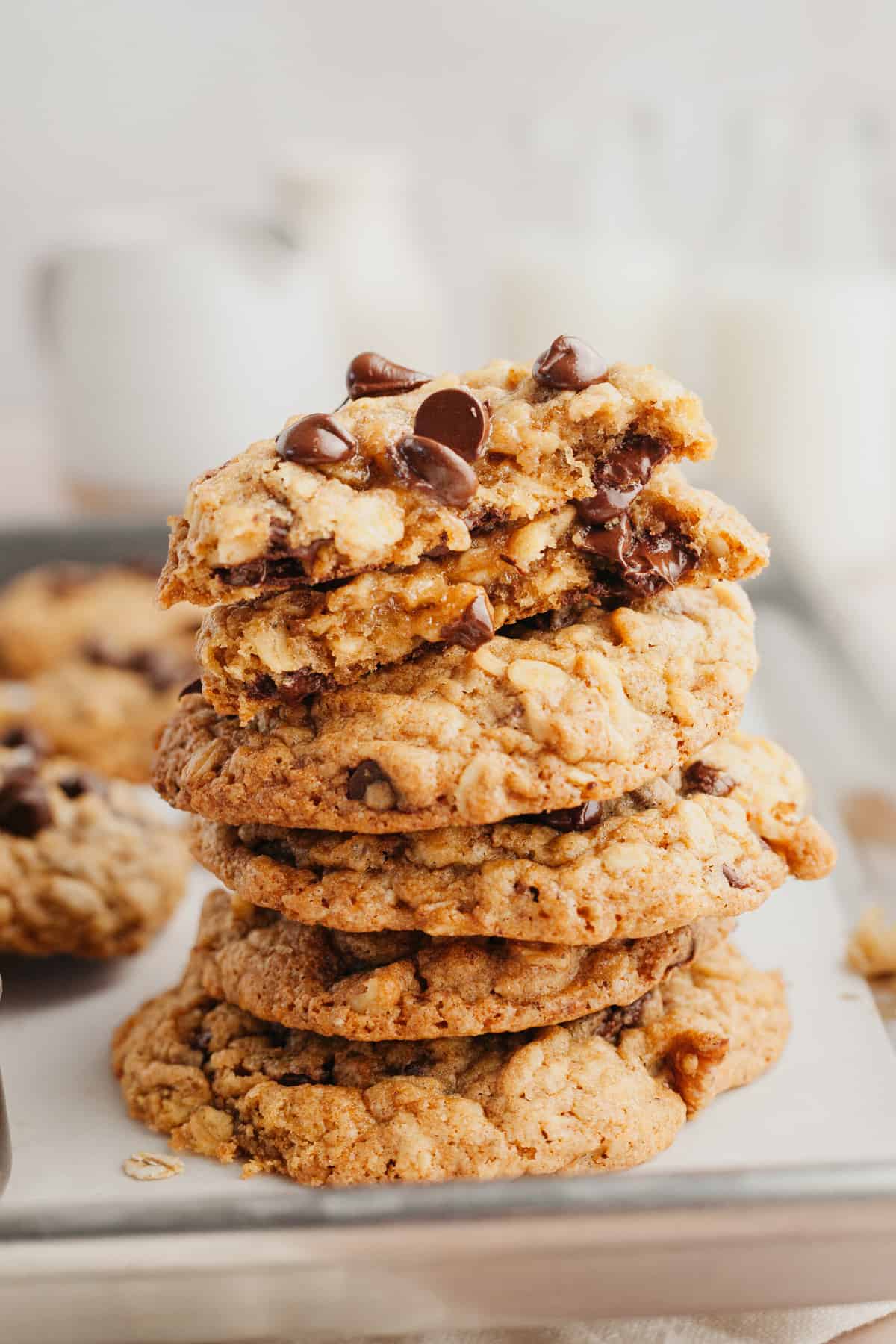 A stack of an oatmeal chocolate chip cookies.