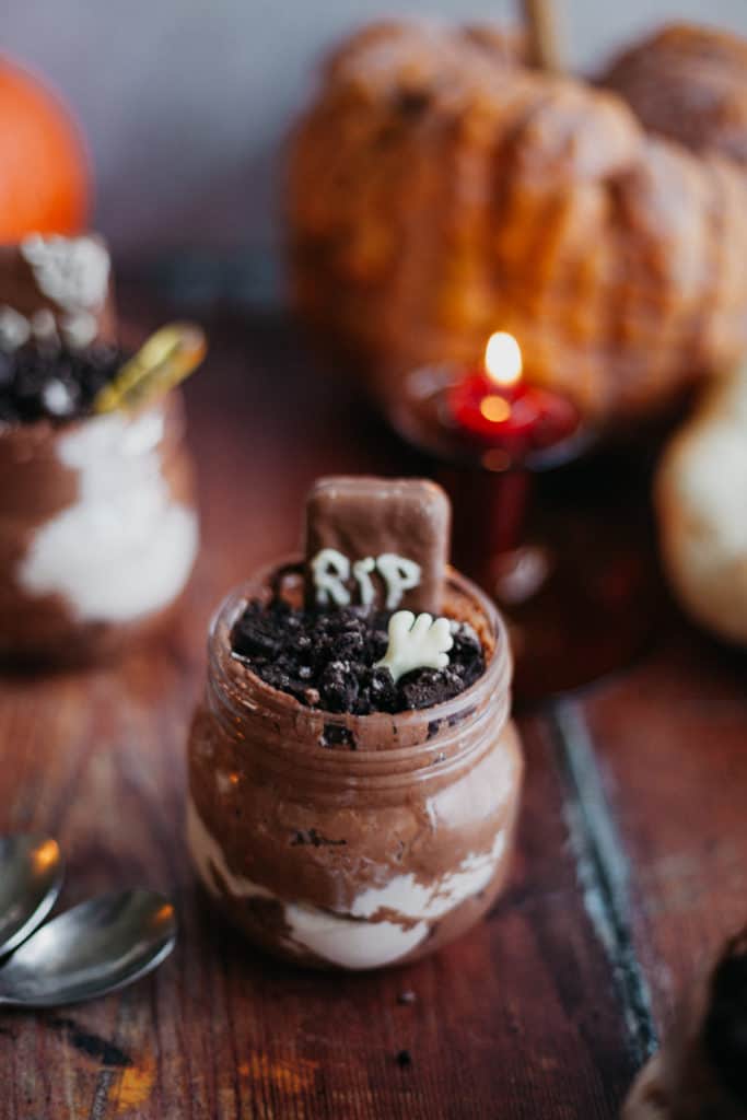 chocolate cream in a jam jar with a chocolate headstone