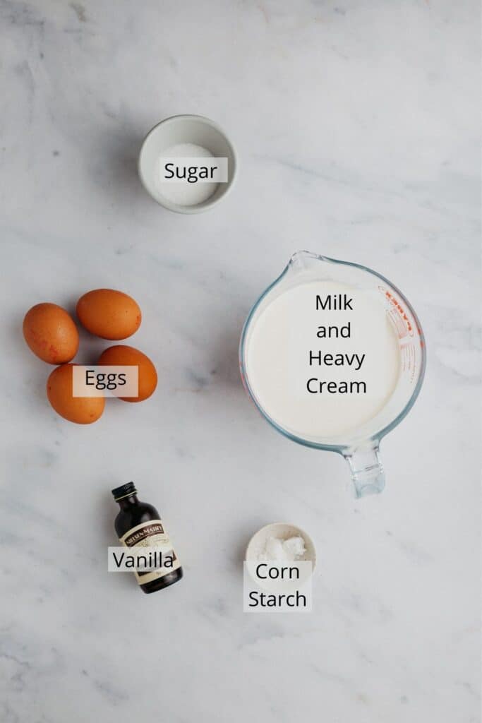 All the ingredients needed for custard, such as eggs, milk, sugar and vanilla