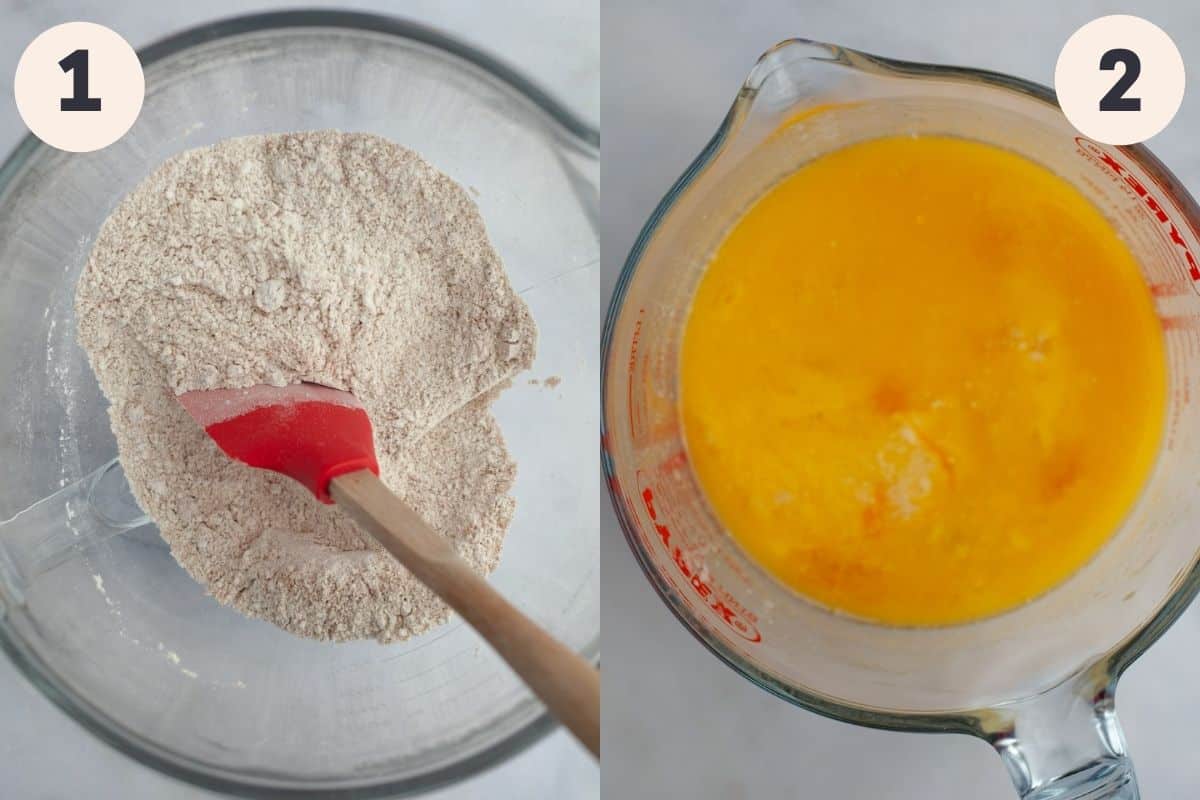 A glass bowl with flour and spices, then a jug with whisked eggs
