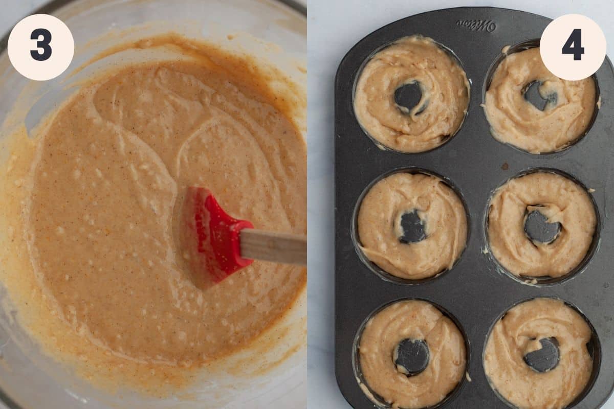 2 images, first is a bowl with donut batter, second is a donut pan filled with batter