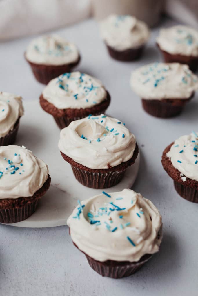10 hanukkah cupcakes frosted with tahini buttercream and blue sprinkles