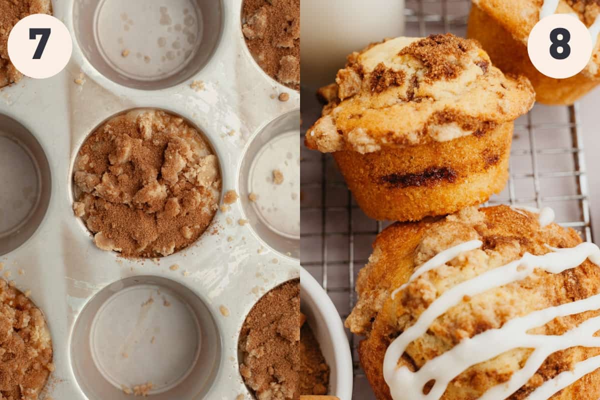 A close up of a muffin pan with an unbaked cinnamon muffin, and then a close up of a baked muffin.