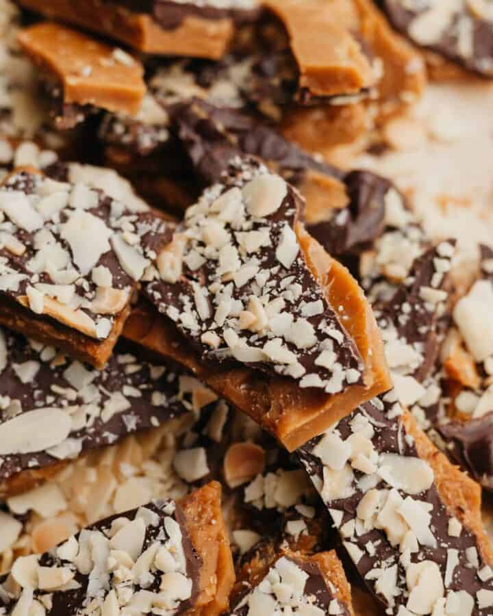 Pieces of almond toffee bark.