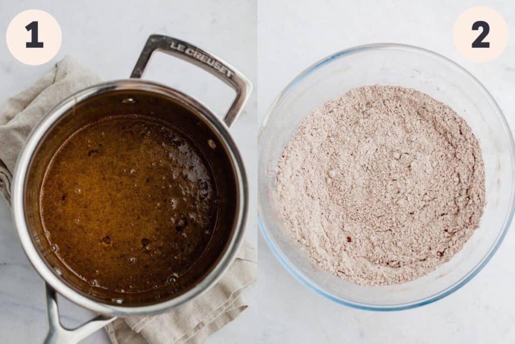 A saucepan with a molasses treacle mixture in it and a glass bowl with dry ingredients in it.