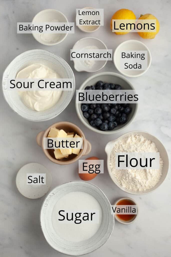 All the ingredients needed to make blueberry lemon coffee cake weighed out into small bowls.