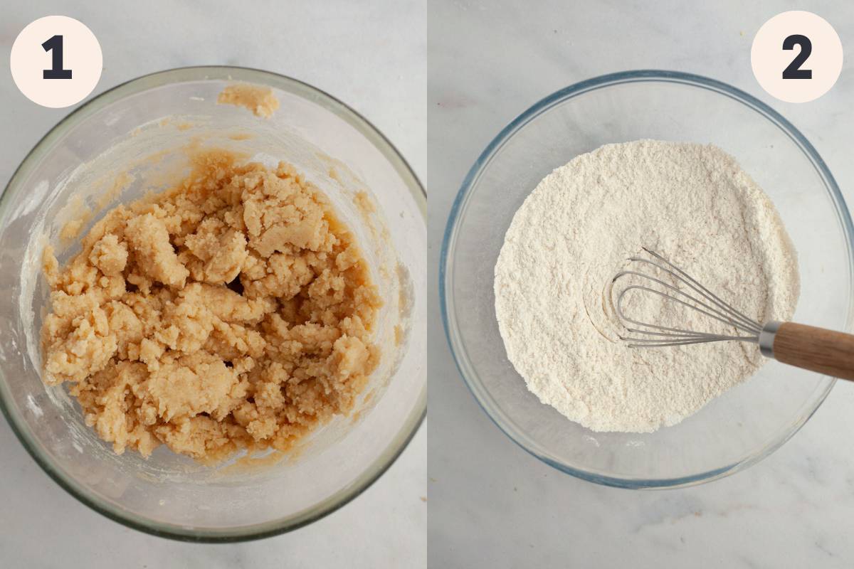 A bowl with a crumb topping and a bowl with flour in it.