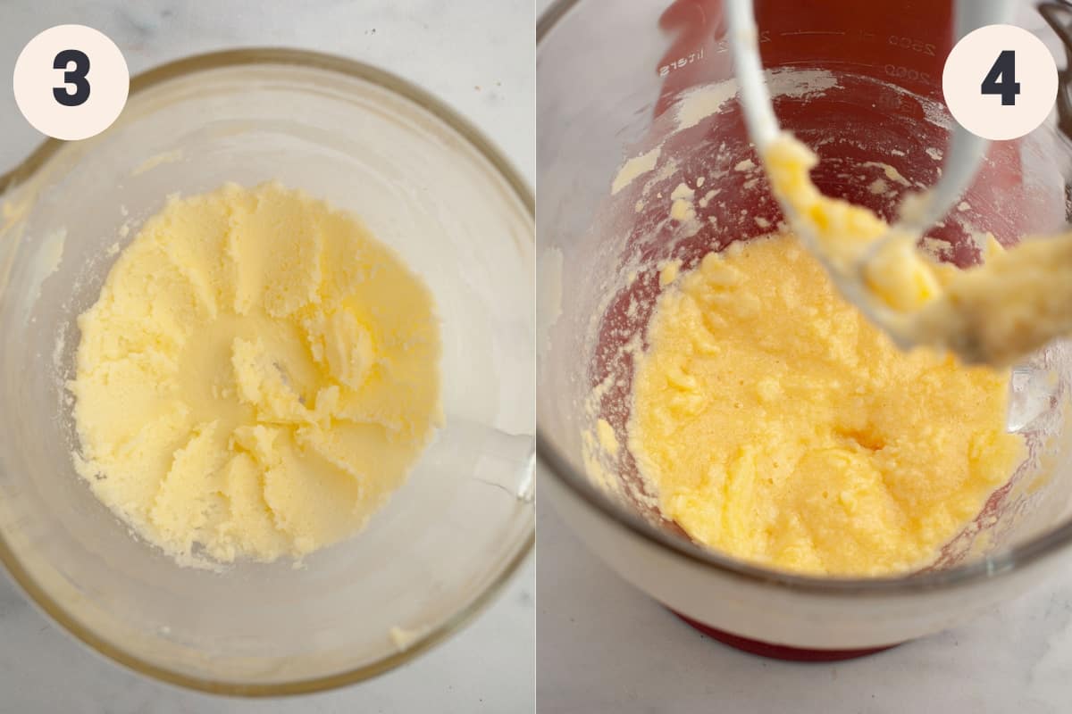 A mixing bowl with yellow cake batter in it.