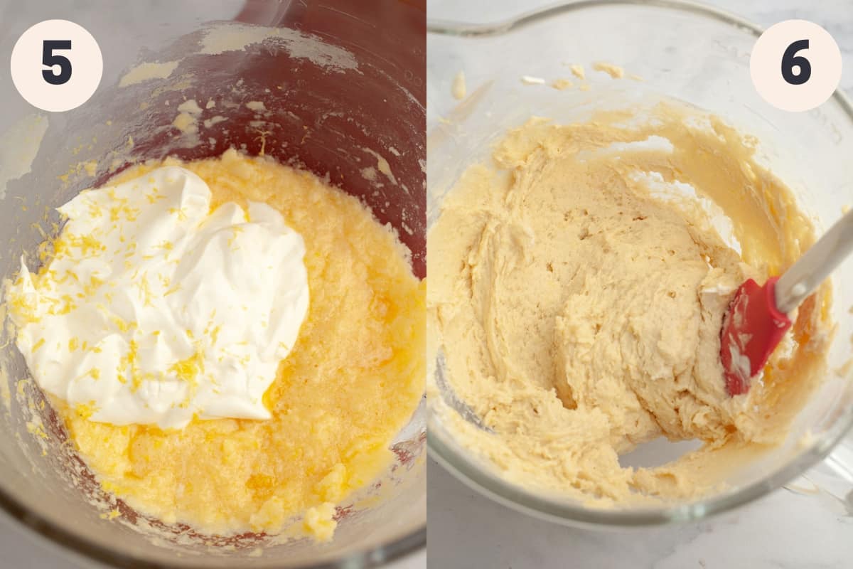 A mixing bowl with yellow cake batter in it.