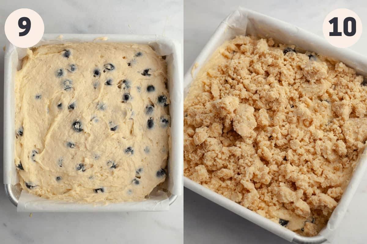 A square pan with unbaked lemon blueberry cake topped with a crumb topping.