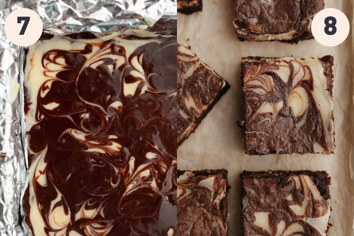 Steps 7 and 8 in the marbled cheesecake brownie baking process.