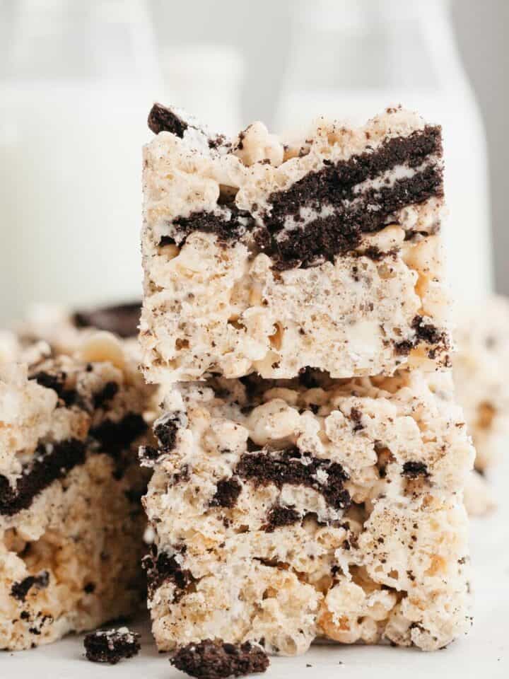 A stack of two Oreo rice krispie treats.