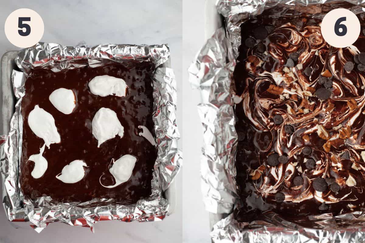 Steps 5 and 6 in the marshmallow fluff brownie baking process.