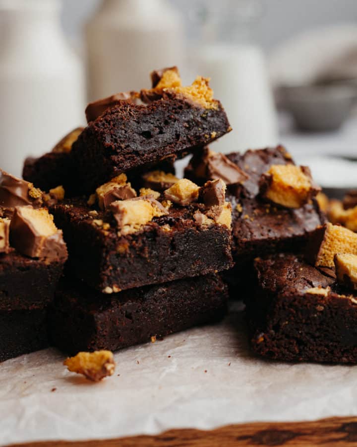 A stack of fudgy honeycomb brownies