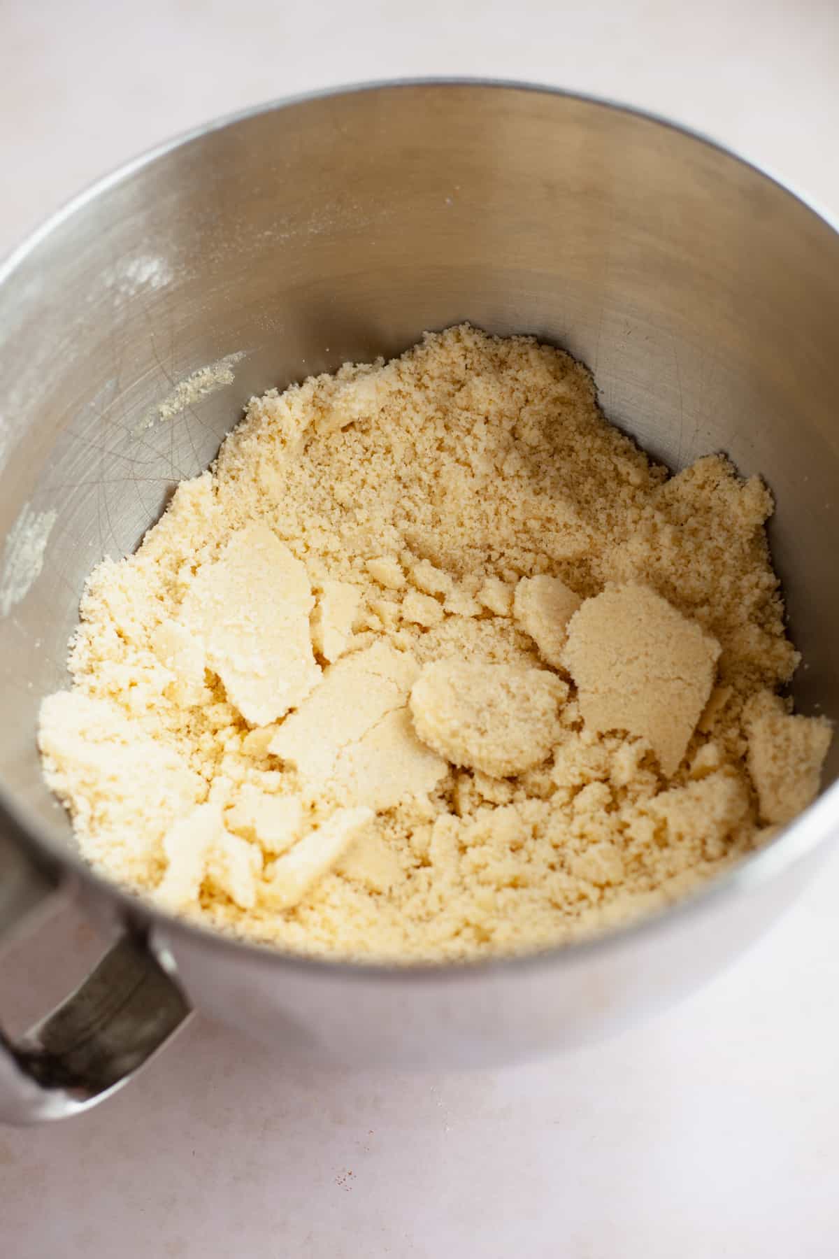 Close up of the first stage of reverse-creaming for a white cake