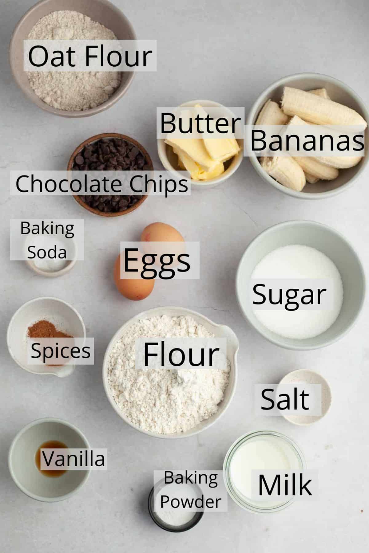All the ingredients needed for oatmeal banana chocolate chip muffins.