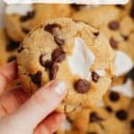 A hand holding a marshmallow chocolate chip cookie.