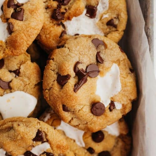 A close up of marshmallow chocolate chip cookies.