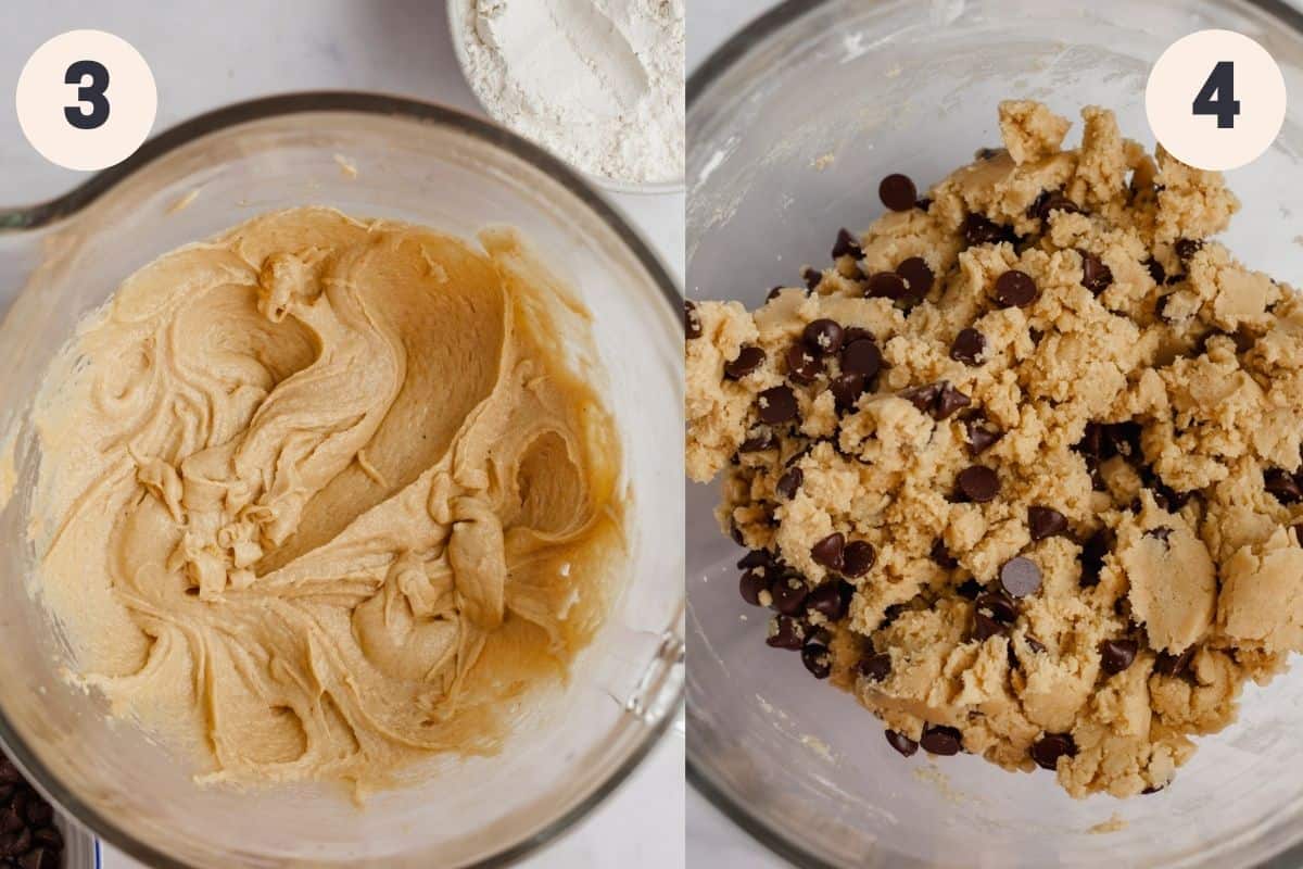 A glass bowl with batter in it and then a glass bowl with chocolate chip cookie dough in it.