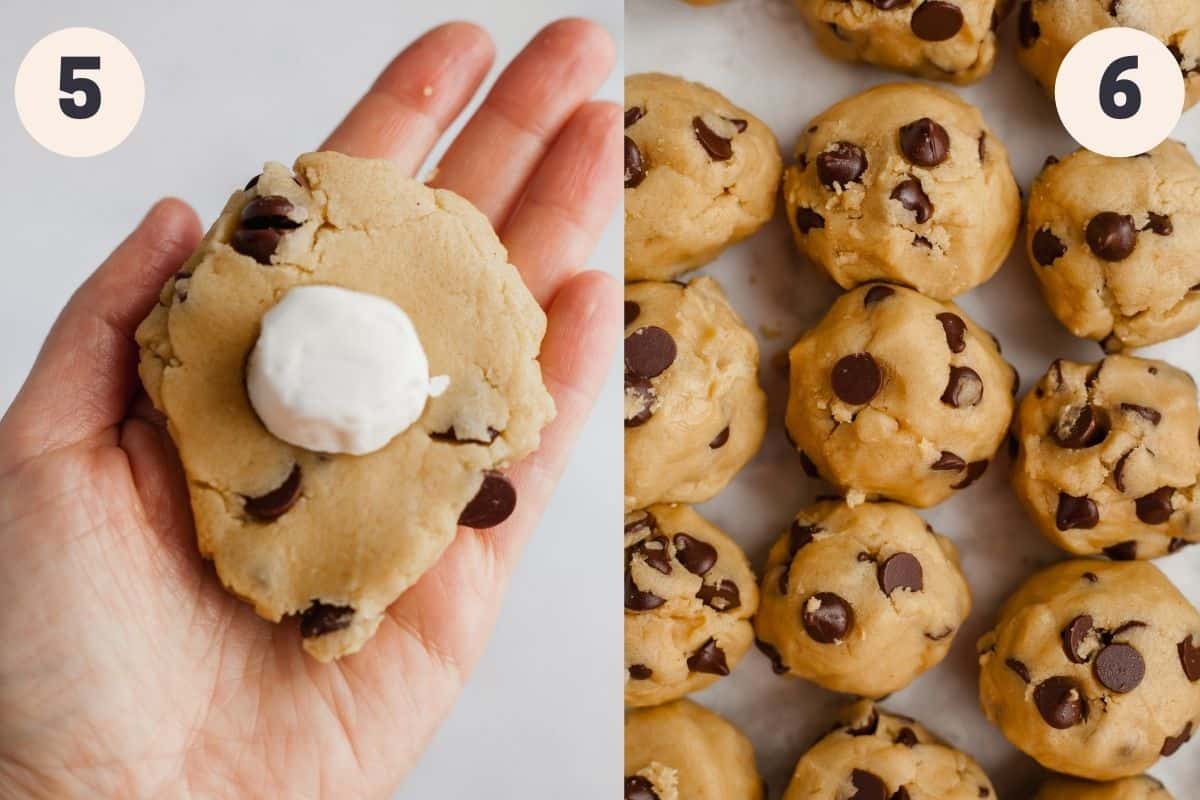 A hand holding a flattened piece of cookie dough with a marshmallow in the middle, then cookie dough balls in rows.