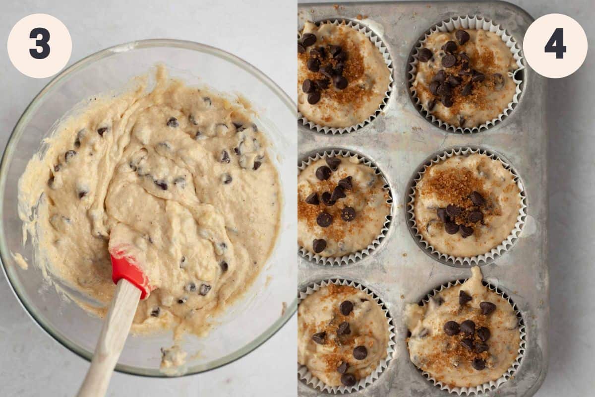 Steps 3 and 4 in the oatmeal banana chocolate chip muffin baking process.