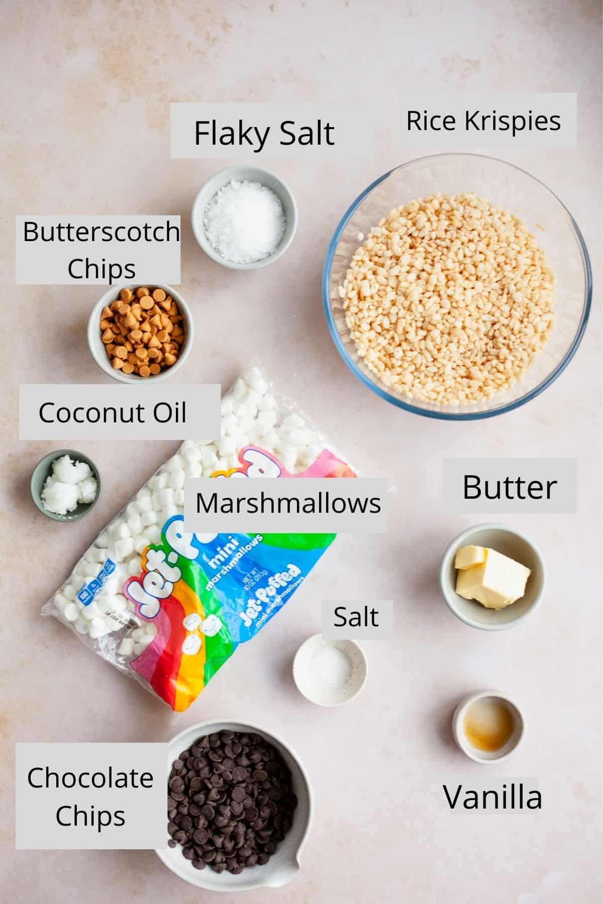 An overhead shot of the ingredients needed for chocolate covered rice krispie treats