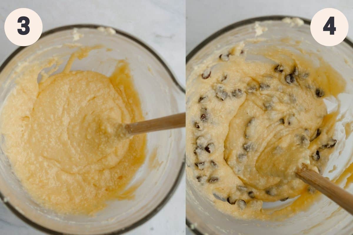 Steps 3 and 4 in the chocolate chip loaf cake baking process.