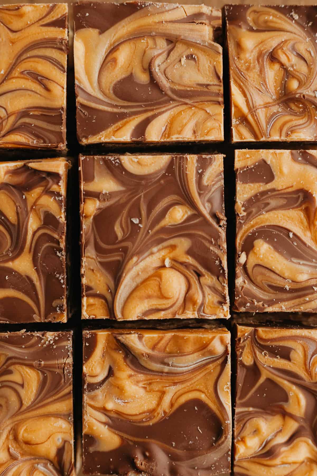 An overhead shot of chocolate and butterscotch swirled rice krispie treats.