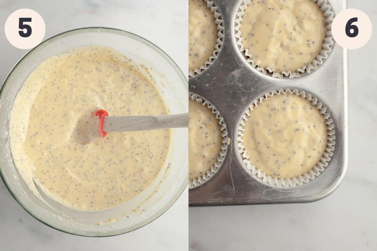 Lemon poppy seed batter in a bowl and a close up of unbaked lemon poppy seed cupcakes.