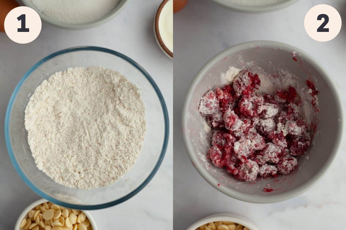 Steps 1 and 2 in the raspberry and white chocolate loaf cake baking process.