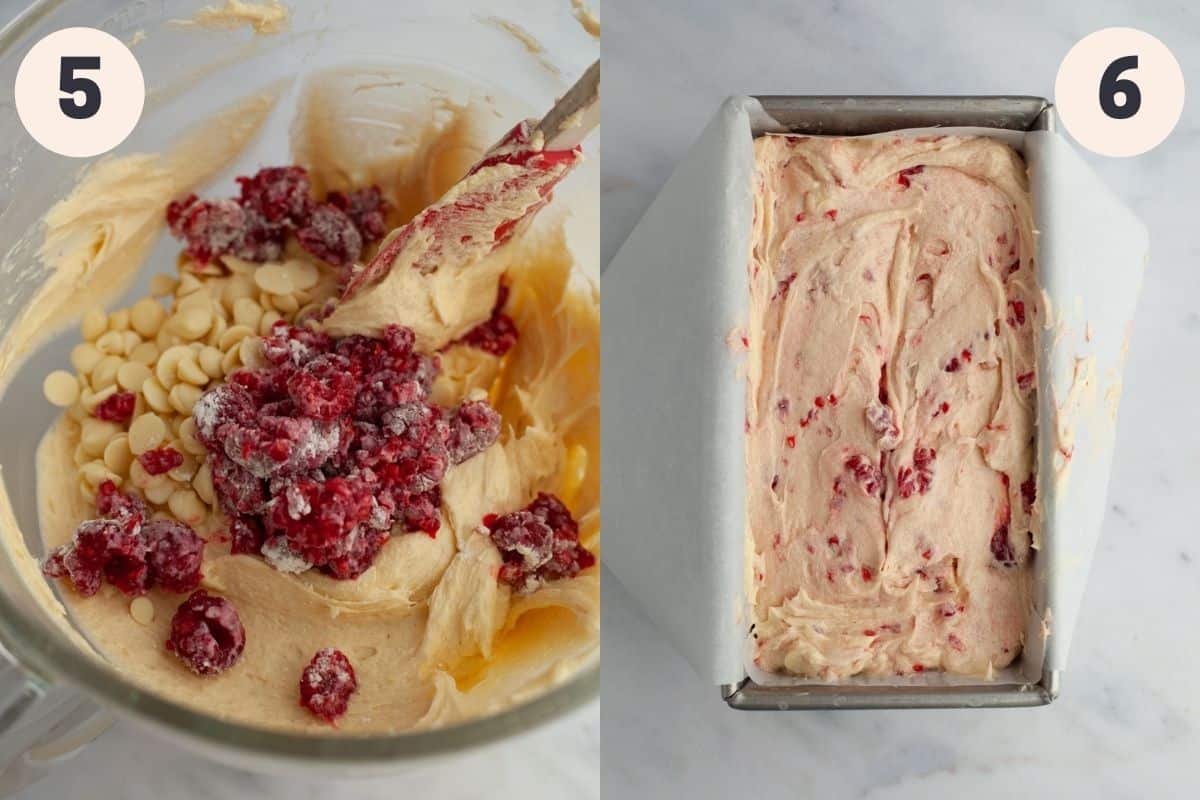 Steps 5 and 6 in the raspberry and white chocolate loaf cake baking process.