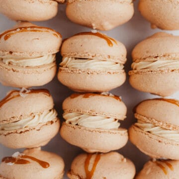 three rows of salted caramel macarons