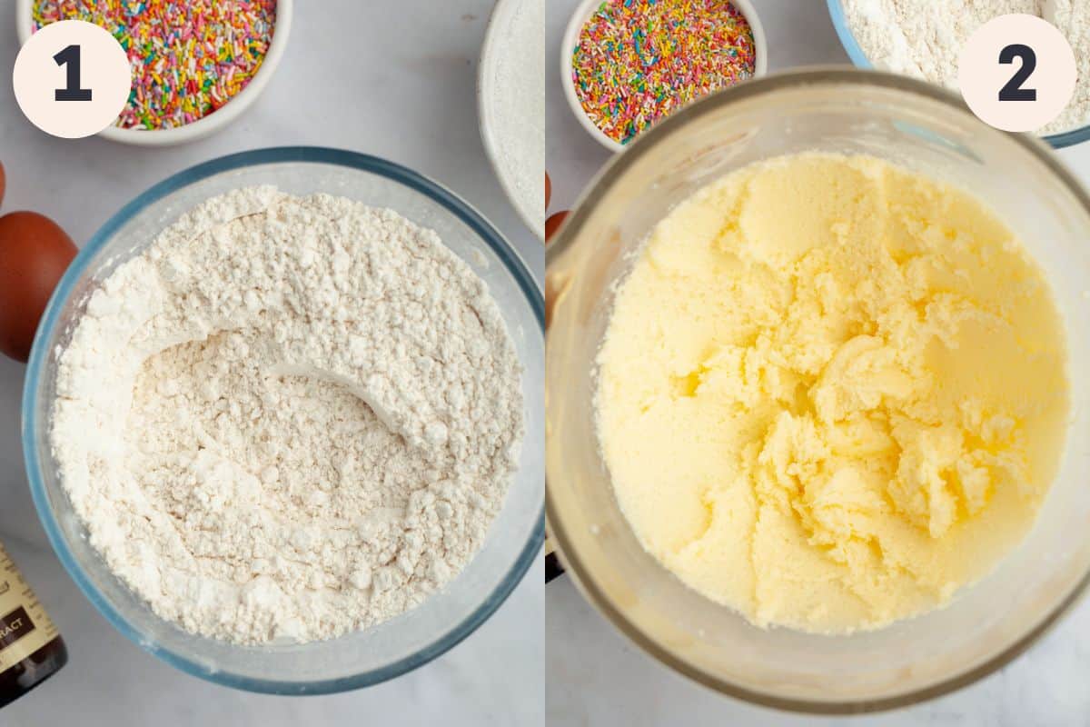 Steps 1 and 2 to make sprinkle sugar cookies.
