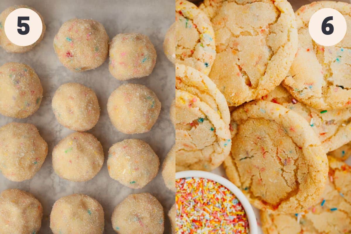 Steps 5 and 6 to make rainbow sprinkle cookies.