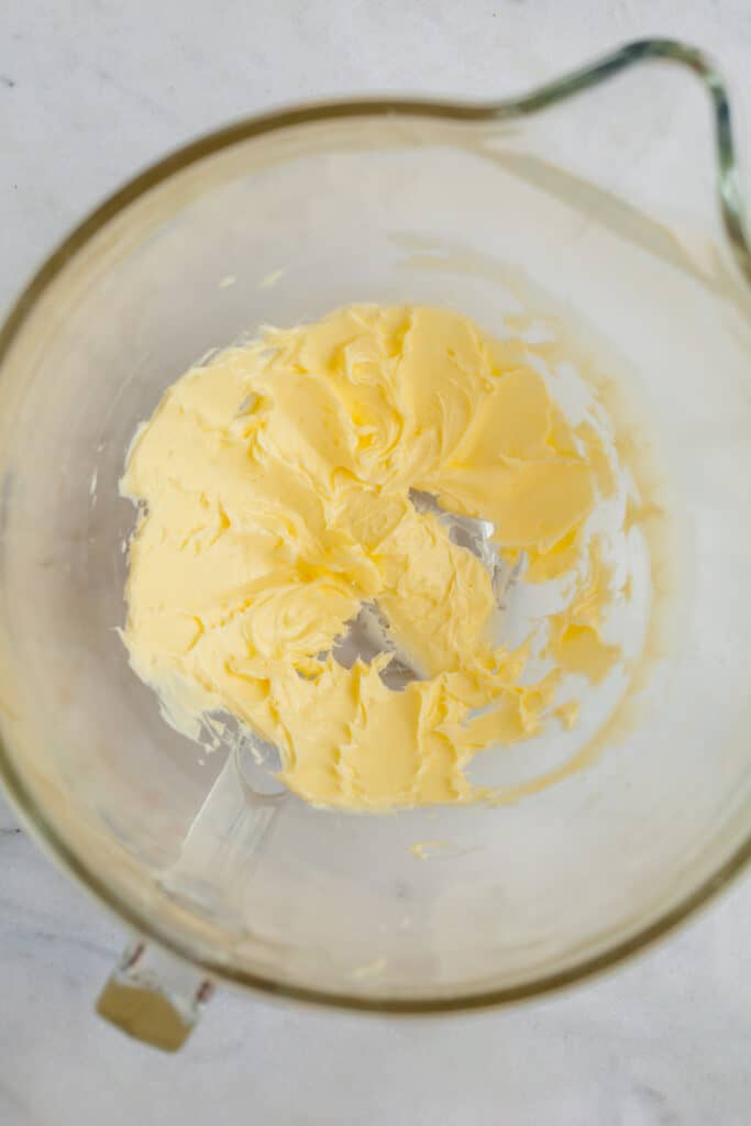 creamed butter in a glass bowl