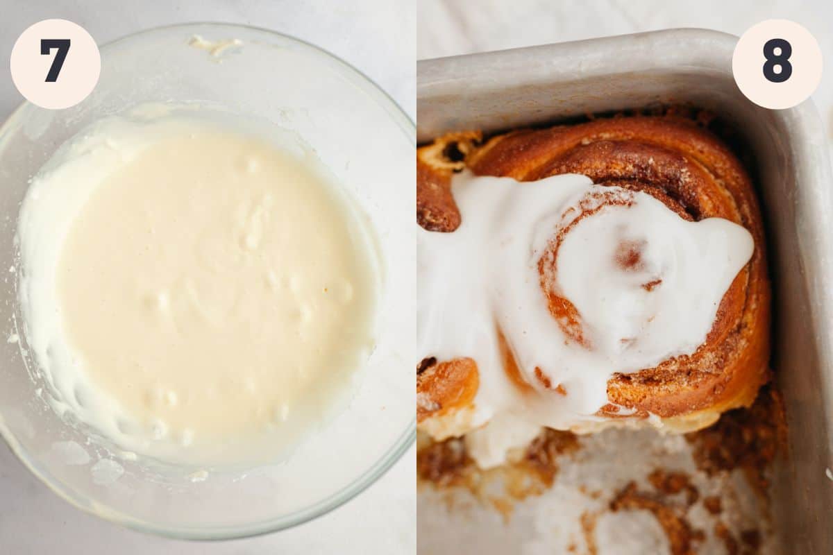 Steps 7 and 8 in the brioche cinnamon rolls with heavy cream baking process.