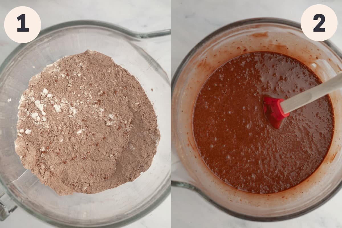 Flour and cocoa powder in a bowl, and a large bowl with chocolate cake batter.