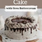 pinterest pin for oreo drip cake, showing the cake on a wooden cake stand