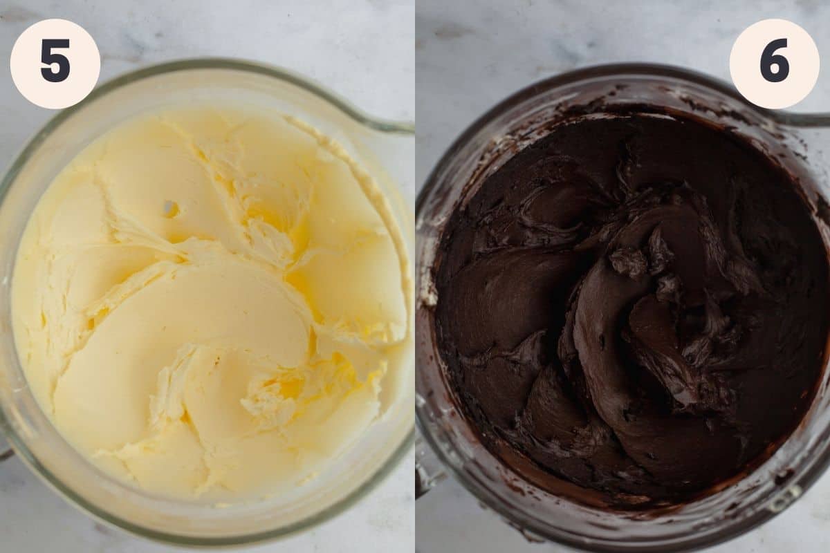 A glass bowl with creamed butter, then a picture of a glass bowl with black frosting in it.