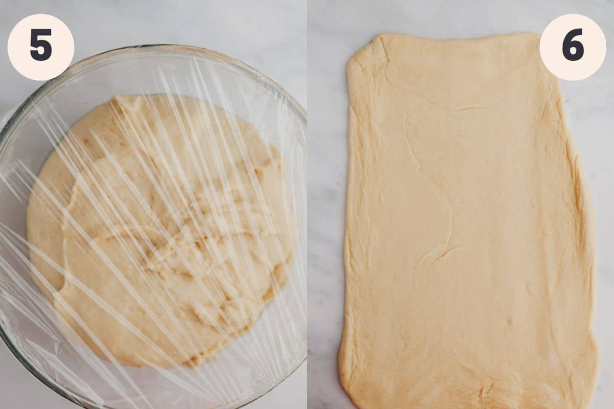A bowl covered in clingfilm with risen cinnamon roll dough, then the dough rolled out into a rectangle on a marble counter.