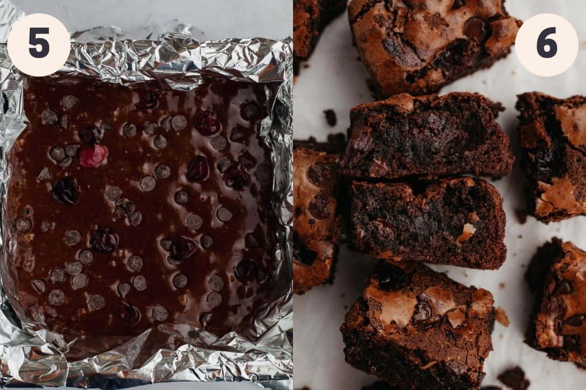 A square baking pan lined with foil and filled with unbaked brownie batter, then an image of chocolate cherry brownies.