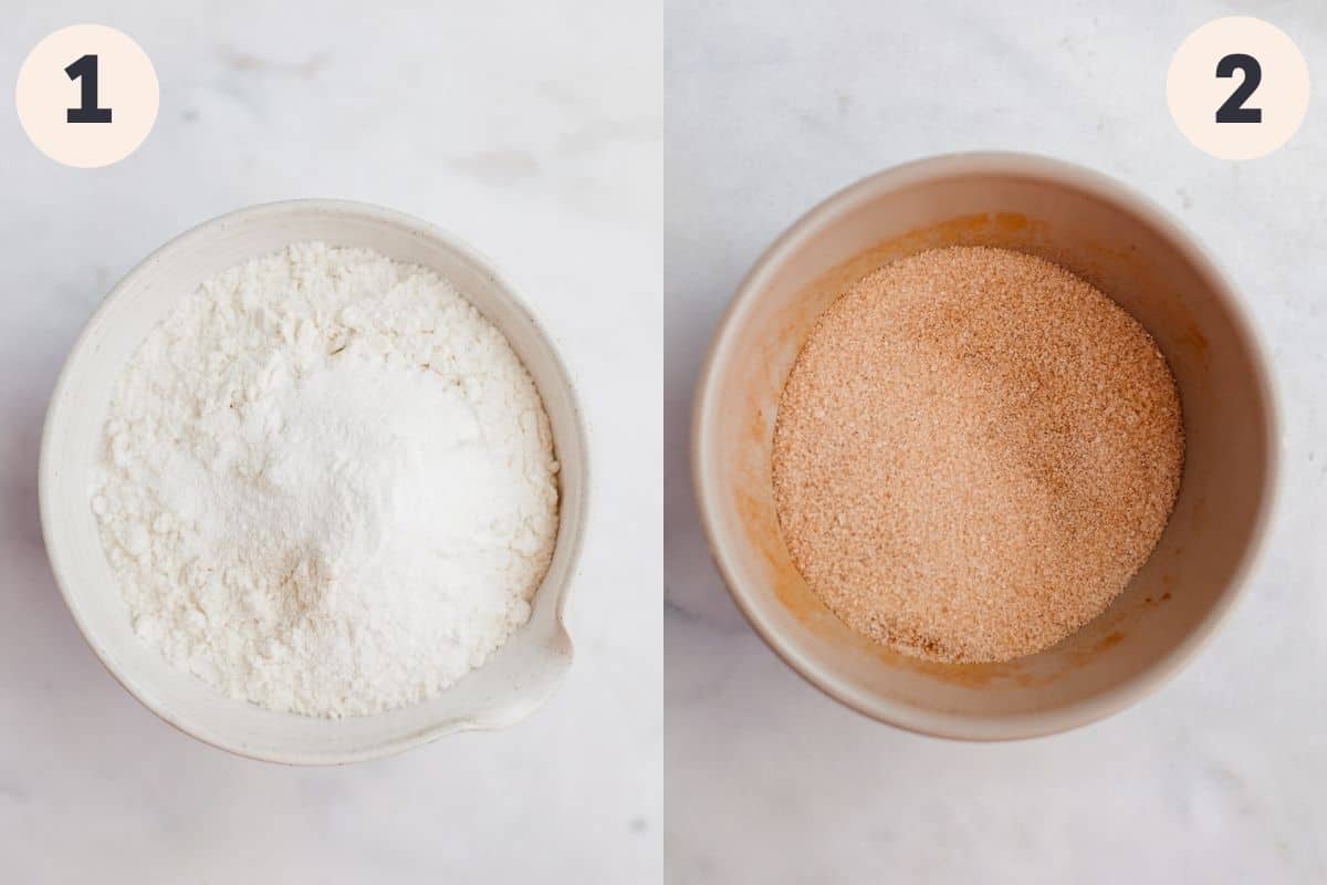 flour in a white mixing bowl and a grey bowl filled with cinnamon sugar.