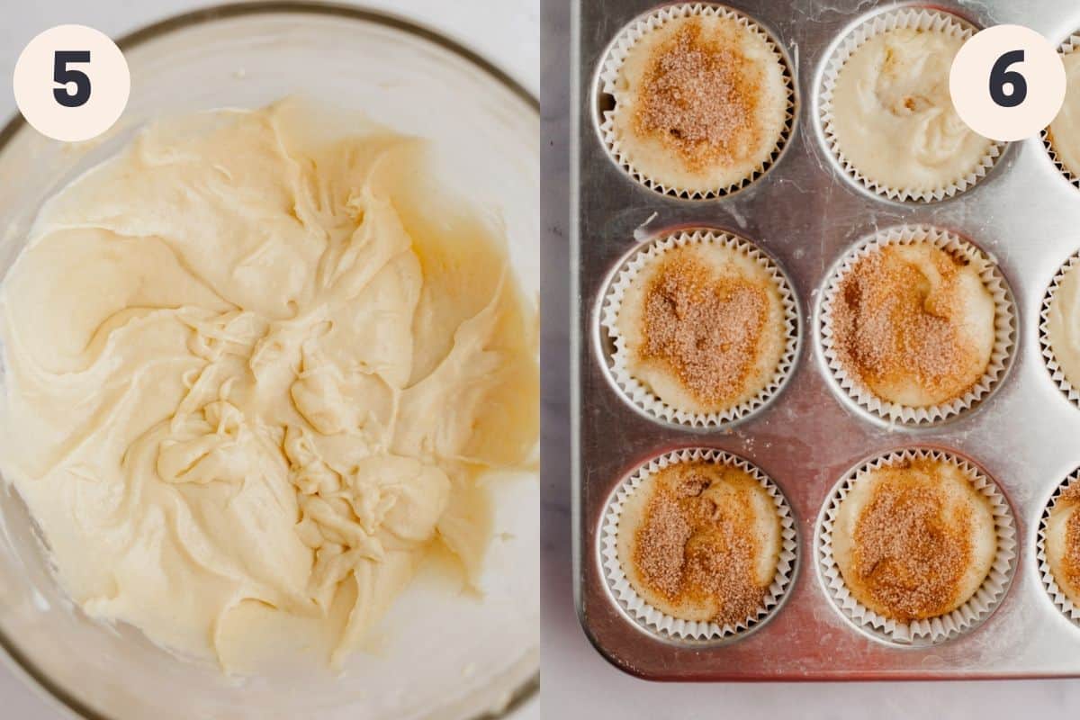 cupcake batter in a mixing bowl, and a cupcake tin filled with batter.