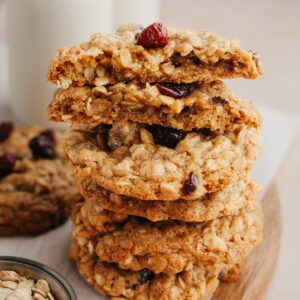 A stack of oatmeal cranberry walnut cookies.