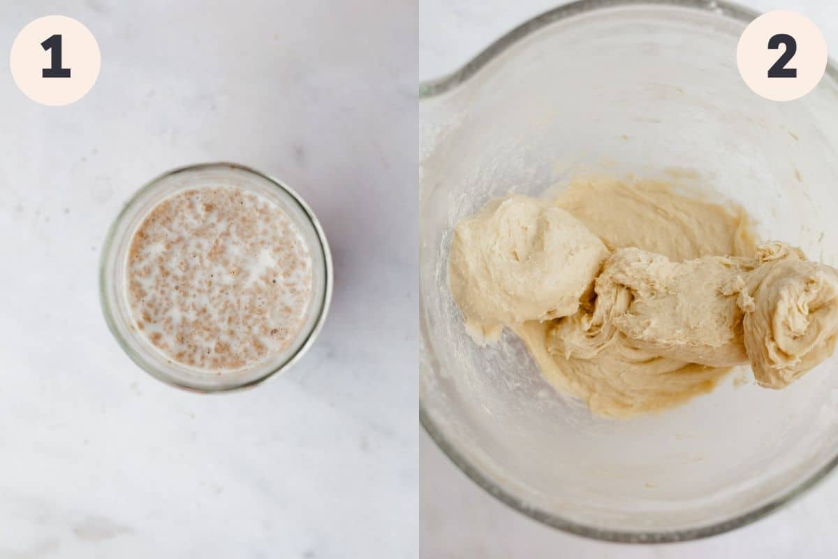 A small jar with yeast and milk in it, next to a glass mixing bowl with dough in it.