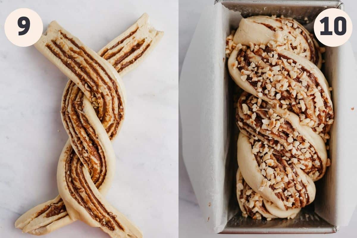 two images showing steps 9 and 10 of making a babka.