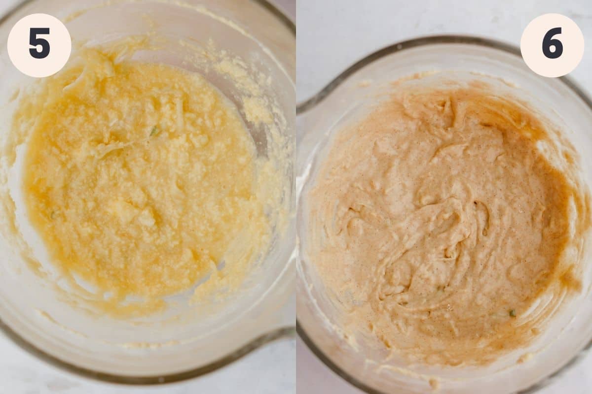 Two images showing the steps to making apple bread batter.