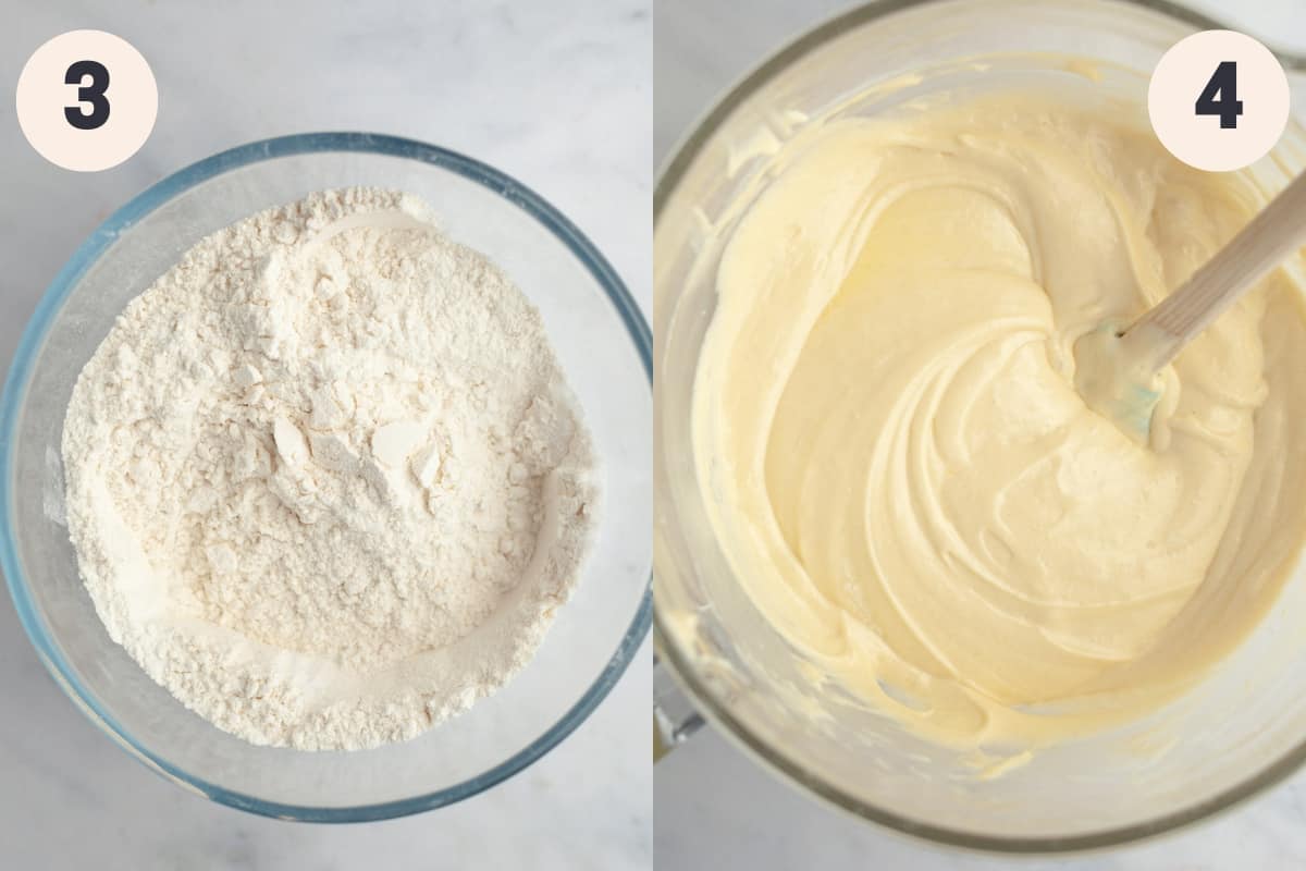 Flour in a bowl and cake batter in a large bowl.