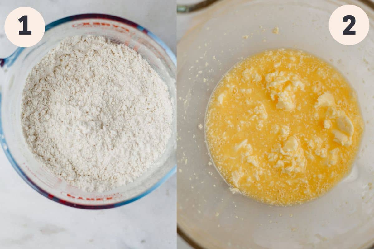 A jug with flour in it and a mixing bowl with butter and sugar in it.